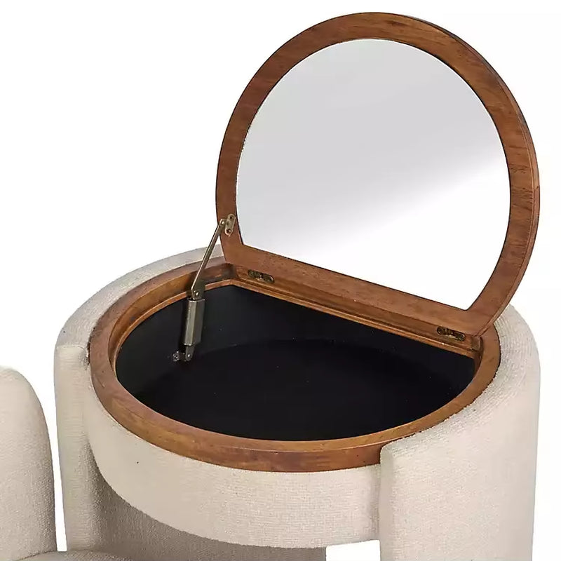 Nora Ivory Chair and Mirror Vanity Set Upholstered Vanity Chair & Flip-Top round Mirror Storage Vanity Set Bedroom Furniture