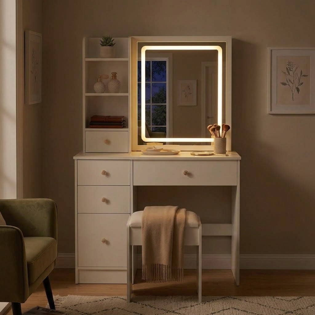 Small Left Drawer Desktop Makeup Vanity Table Cushioned Stool Touch Control Sliding LED Mirror Tri-Color Switching