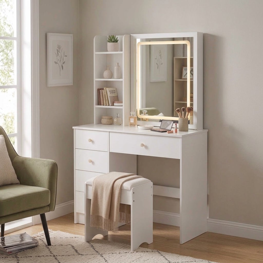 Small Left Drawer Desktop Makeup Vanity Table Cushioned Stool Touch Control Sliding LED Mirror Tri-Color Switching