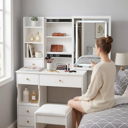 Small Left Drawer Desktop Makeup Vanity Table Cushioned Stool Touch Control Sliding LED Mirror Tri-Color Switching