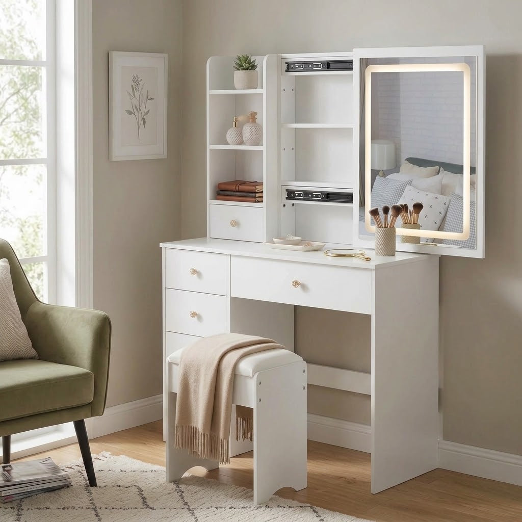 Small Left Drawer Desktop Makeup Vanity Table Cushioned Stool Touch Control Sliding LED Mirror Tri-Color Switching