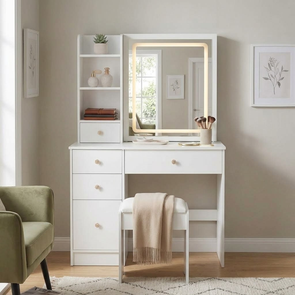 Small Left Drawer Desktop Makeup Vanity Table Cushioned Stool Touch Control Sliding LED Mirror Tri-Color Switching