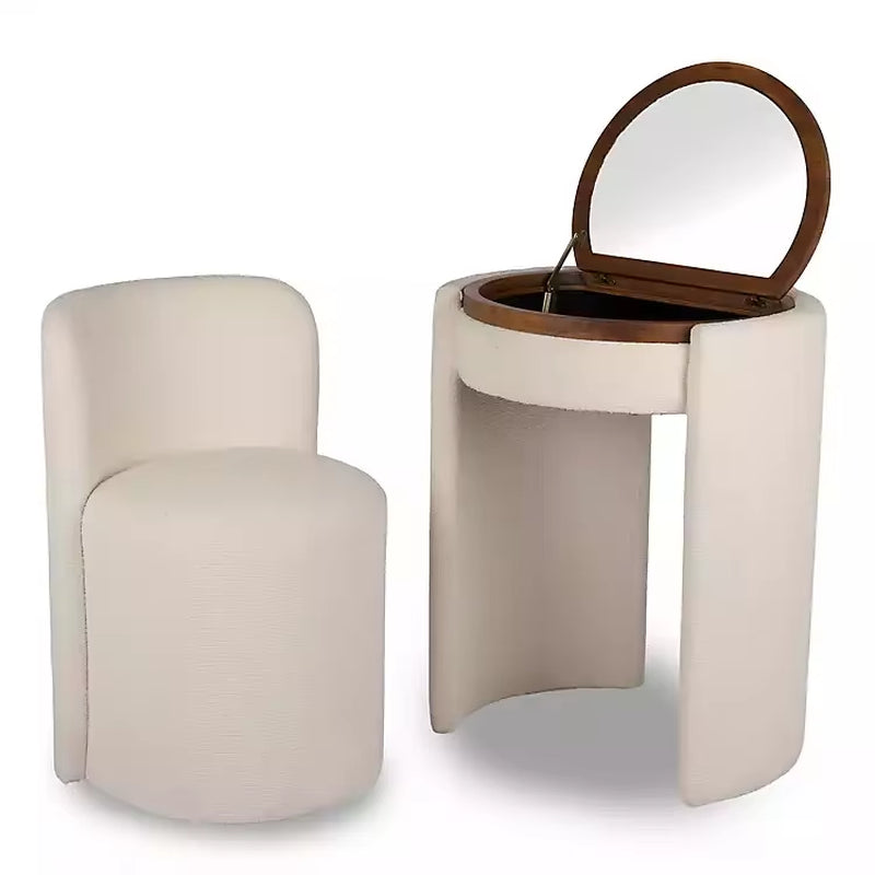 Nora Ivory Chair and Mirror Vanity Set Upholstered Vanity Chair & Flip-Top round Mirror Storage Vanity Set Bedroom Furniture