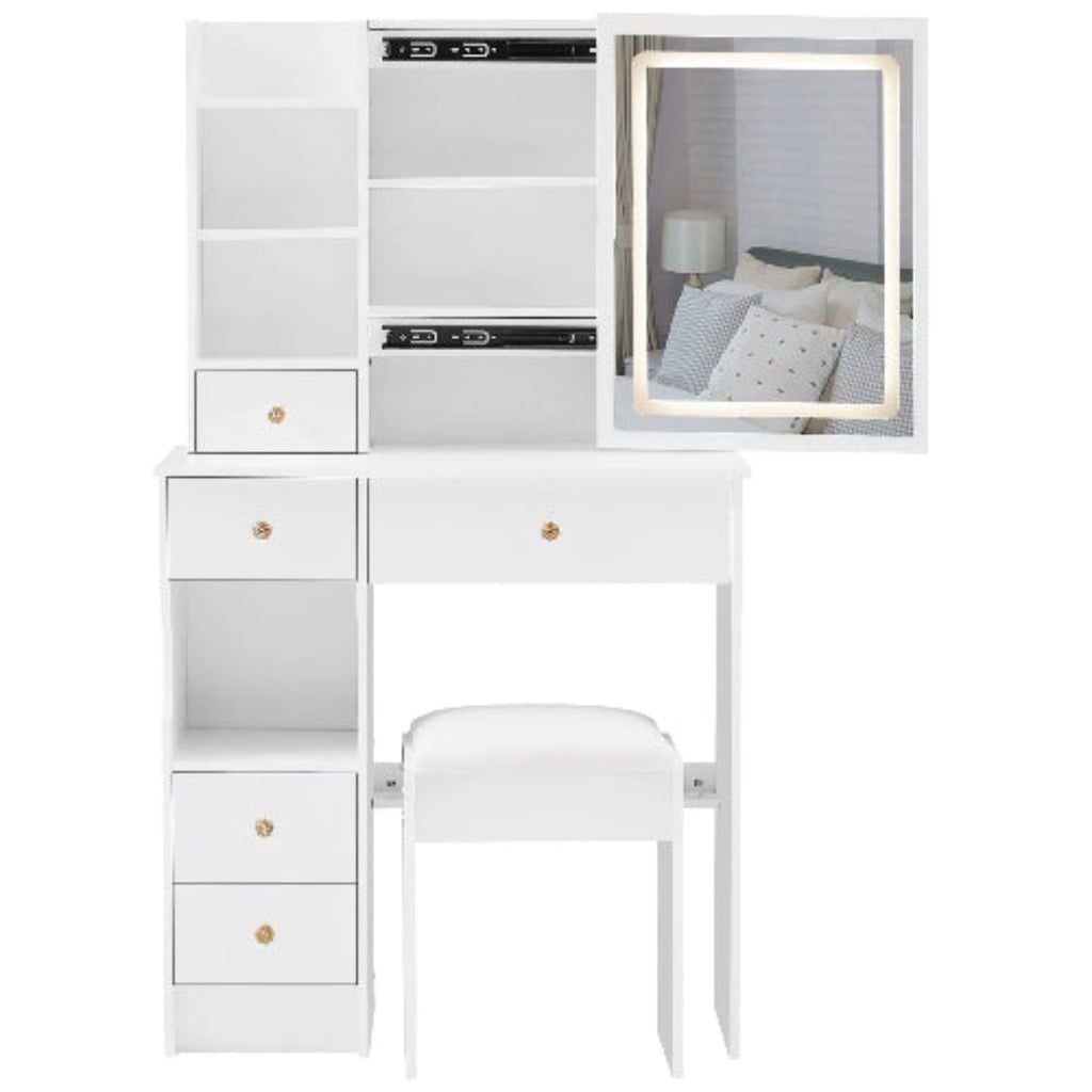 Small Left Drawer Desktop Makeup Vanity Table Cushioned Stool Touch Control Sliding LED Mirror Tri-Color Switching