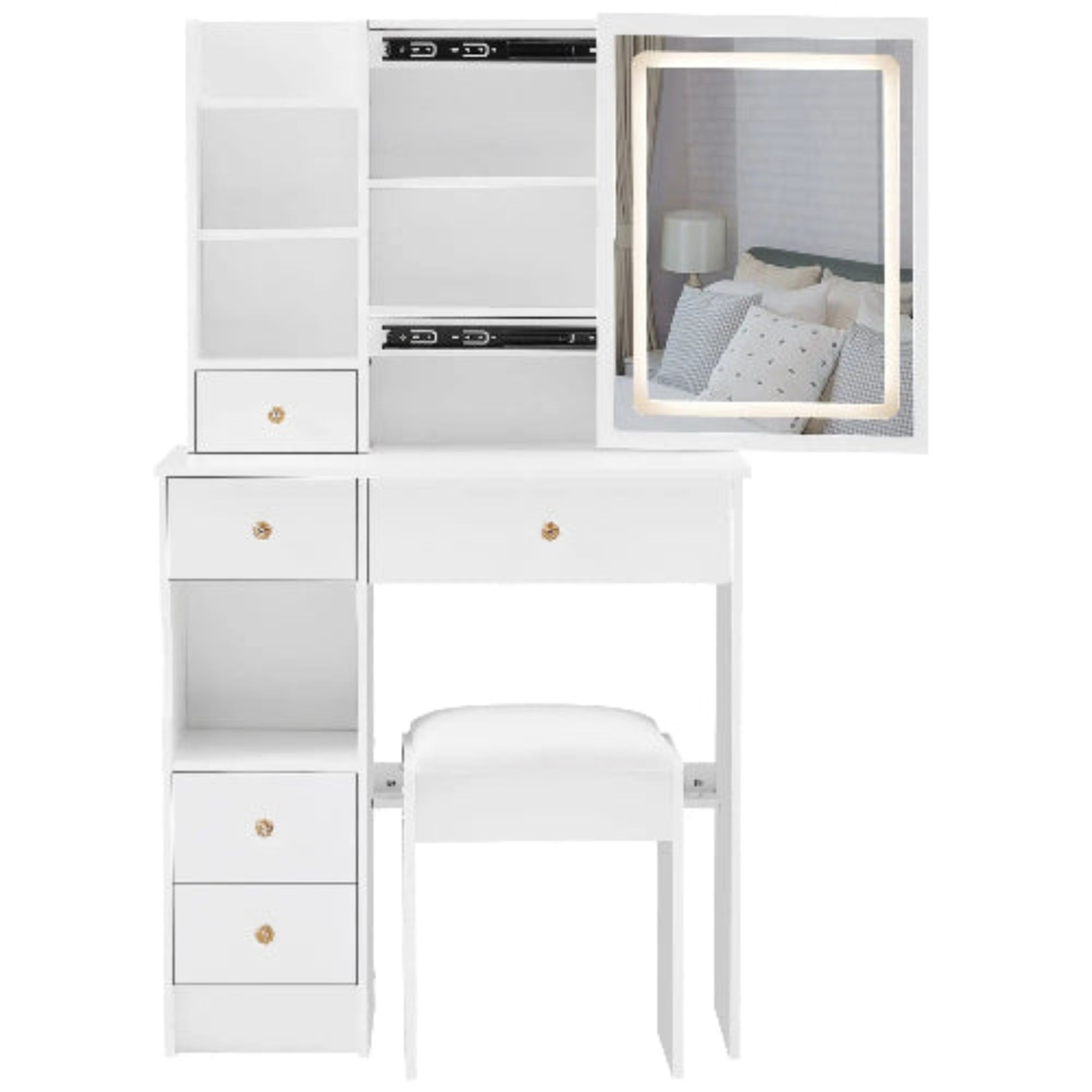 Small Left Drawer Desktop Makeup Vanity Table Cushioned Stool Touch Control Sliding LED Mirror Tri-Color Switching