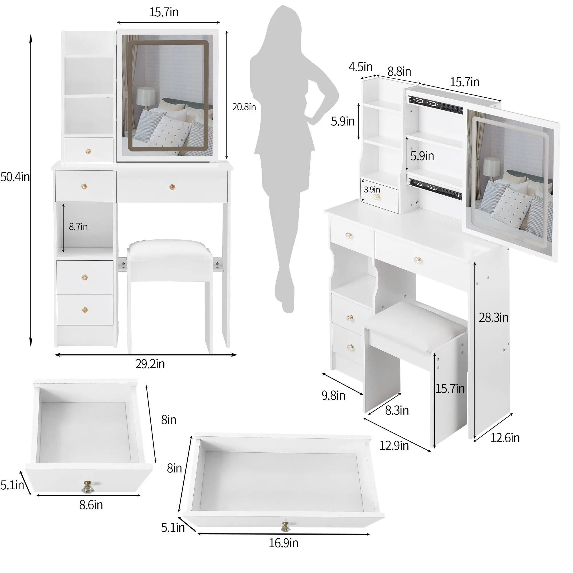 Small Left Drawer Desktop Makeup Vanity Table Cushioned Stool Touch Control Sliding LED Mirror Tri-Color Switching