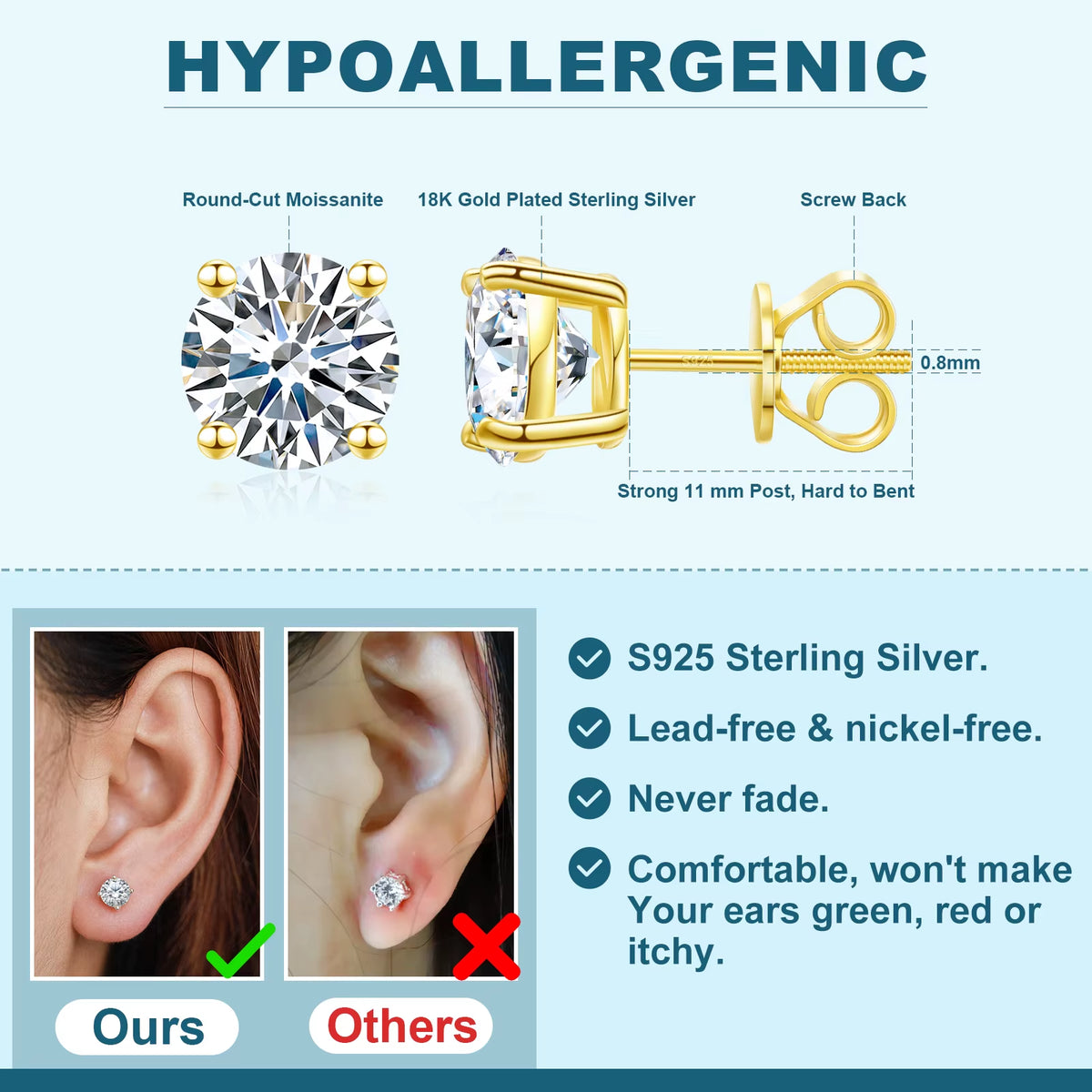 Luxury Mossanite Jewelry 3Mm-11Mm Classic Screw Back Gold 925 Sterling Silver VVS Moissanite Diamond Stud Earrings for Men Women