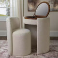 Nora Ivory Chair and Mirror Vanity Set Upholstered Vanity Chair & Flip-Top round Mirror Storage Vanity Set Bedroom Furniture
