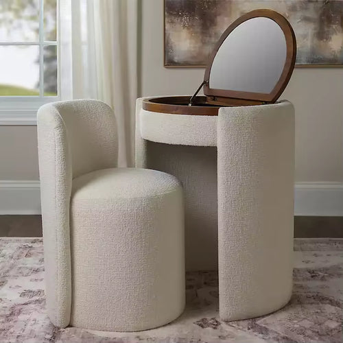 Nora Ivory Chair and Mirror Vanity Set Upholstered Vanity Chair & Flip-Top round Mirror Storage Vanity Set Bedroom Furniture